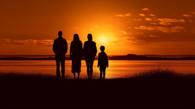 A family stands on a beach at sunset, looking at the sun