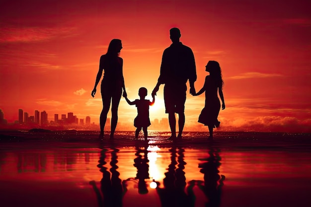 A family stands on the beach at sunset.