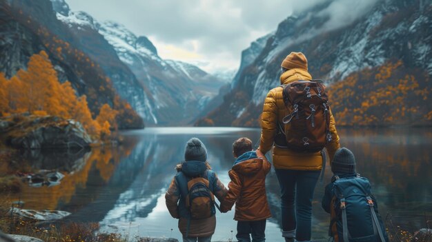 Foto una famiglia in piedi sul bordo di un sereno lago che guarda le montagne in mezzo al fogliame autunnale