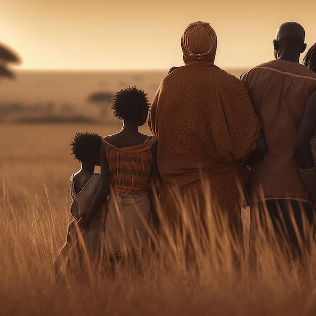 A family stands in a field with the sun setting behind them.