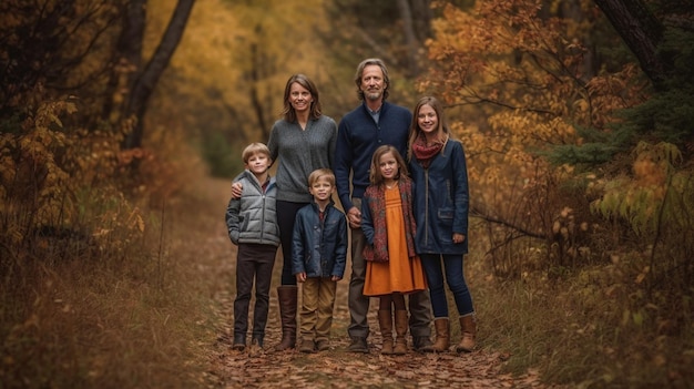 A family stands in a forest with fall colors.