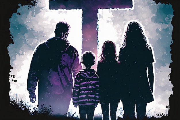 A family stands in front of a cross that says'the cross '