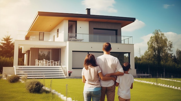 A family stands in front of a house