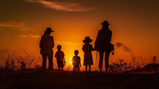 A family stands in front of a sunset