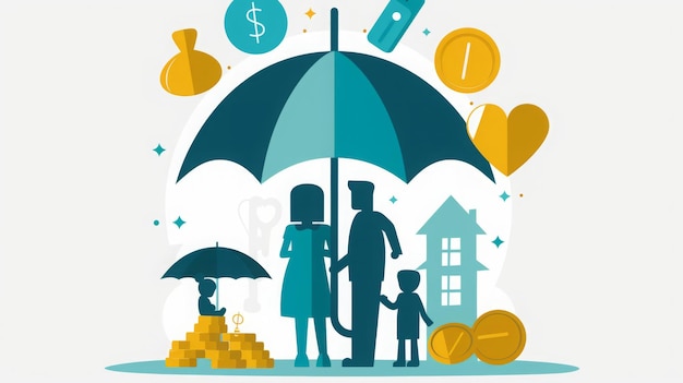 Photo a family stands under an umbrella representing financial protection surrounded by symbols of wealth