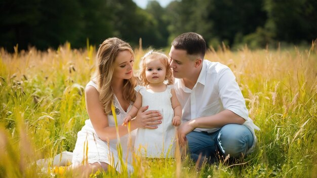 Family in a summer field sensual photo cute little girl woman in a white dress