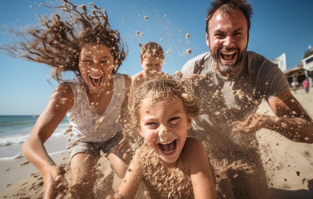 Foto la famiglia al sole si diverte sulla spiaggia