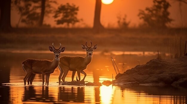 family sunset deer at thung kramang chaiyaphum