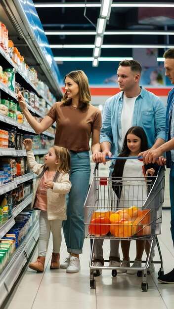 Foto famiglia al supermercato donna con una maglietta marrone la gente sceglie prodotti madre con figlia