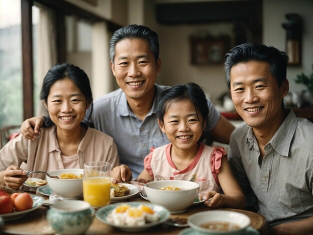 Family taking breakfast at the table