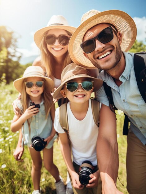 a family taking a selfie in a field