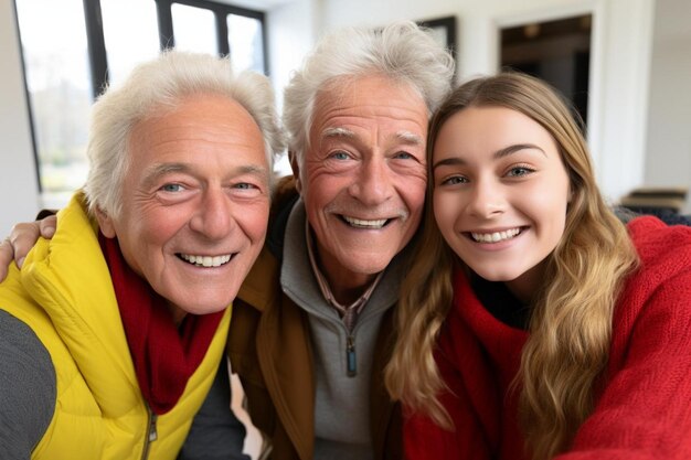 Foto famiglia che si fa un selfie a casa