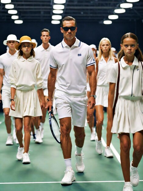 テニスをしている十人のスタイリッシュな現代的なランウェイショーの家族