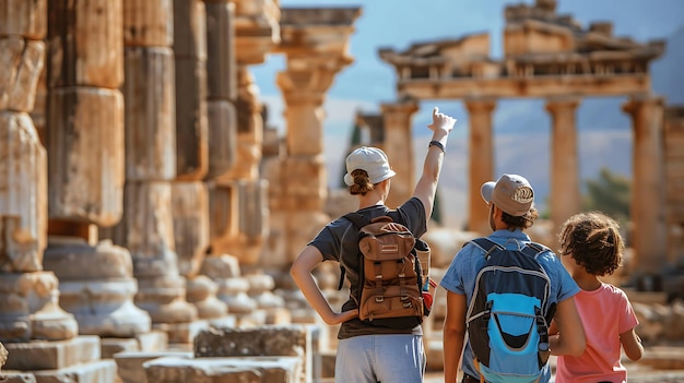 Family of three exploring ancient ruins