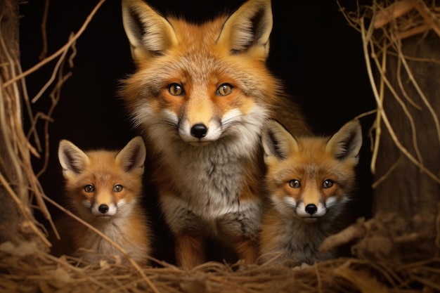 Foto famiglia di tre volpi ia generativa