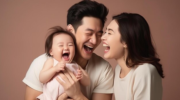 Family Of Three Laughing And Laughing Together While Holding A Baby