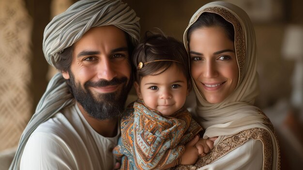 Family of three Middle Easterners enjoying each others company