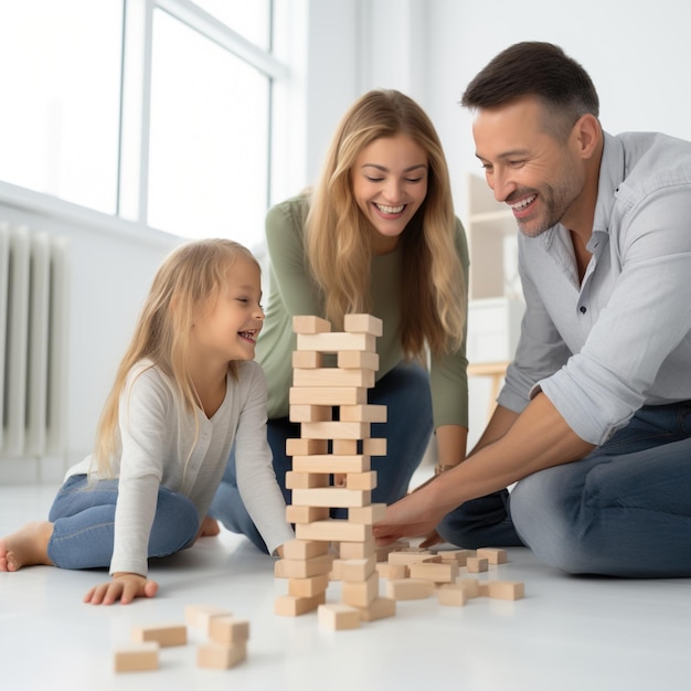 Family of three playing with wooden blocks