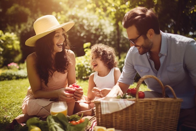 A family of three sit in the grass, one of which is holding a tomato and the other is a child.