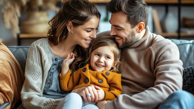 Family of three sitting on a couch and smiling The little girl is sitting between her parents and they are all smiling and looking at each other