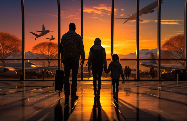 Family of three standing at the window inside the airport Parents and their child look at the flying planes at sunset Generative AI