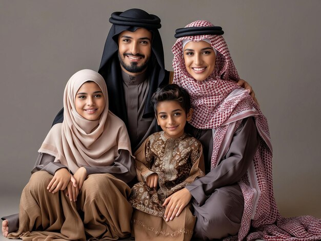伝統的なアラブの服を着た3人組の家族