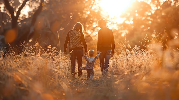 Family of three walking in a field of tall grass at sunset