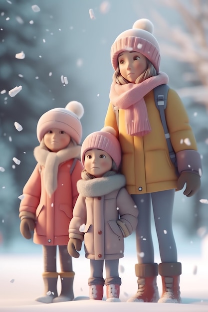 A family of three in winter clothes stand in the snow.