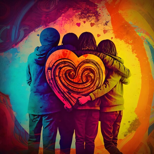 Photo family of three with heart on abstract colorful background double exposure