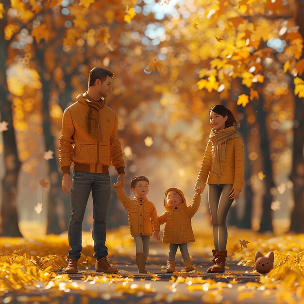 a family of three in yellow jackets and a man holding hands and a little girl in yellow jackets