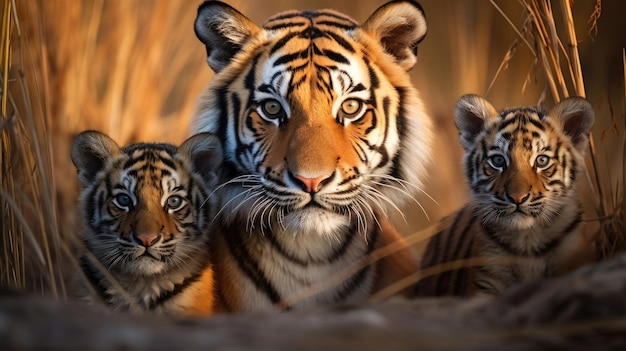 Семья тигров в дикой природе