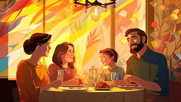 写真 カラフルなアニメーションのスタイルでテーブルで夕食を共にしている家族