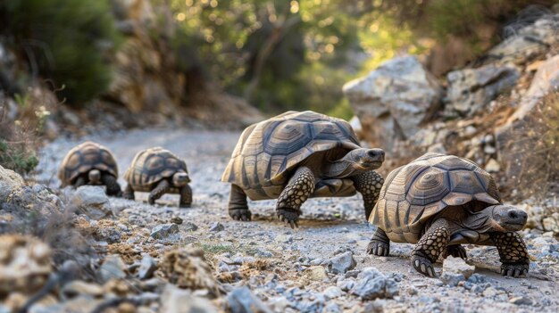 Photo a family of tortoises crossing a rugged mountain trail symbolizing perseverance and unity