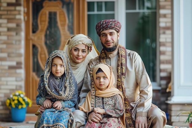 Family in traditional attire smiling together for Eid alAdha