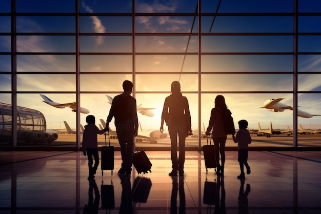 Family travel showcasing silhouette figures of family members inside an airport terminal