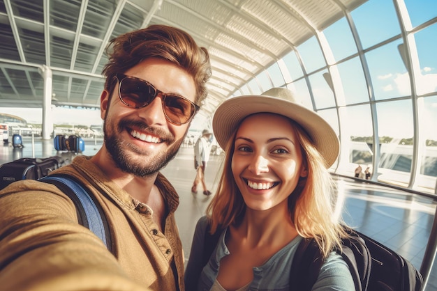 Foto un selfie di famiglia all'aeroporto