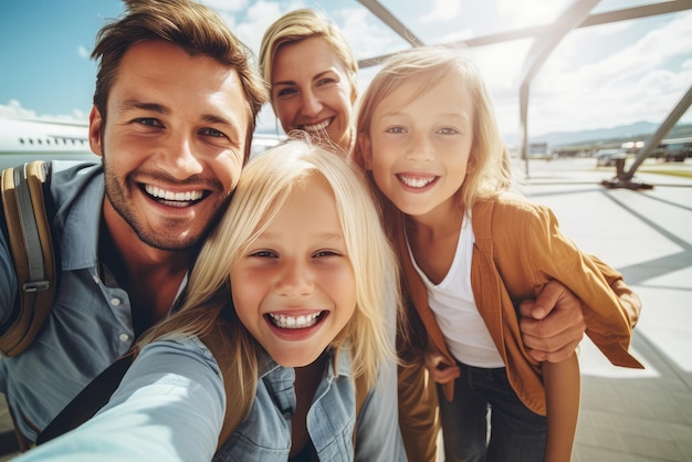 Foto un selfie di famiglia all'aeroporto