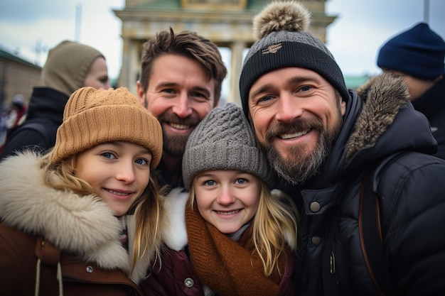 Семейный путешественник сделал селфи зимой в Берлине AI Generated
