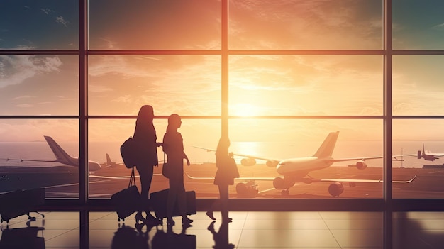 Family travelling with young child walking to departure gate silhouette of people travel concept