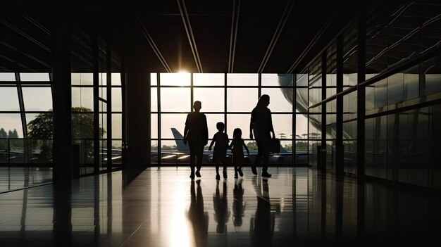 Family travelling with young child walking to departure gate silhouette of people travel concept