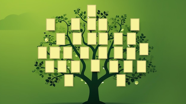 Photo family tree with empty cells template on green background high quality photo