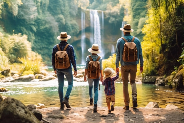 Family trip backpackers outdoor recreation eco tourism at a waterfall