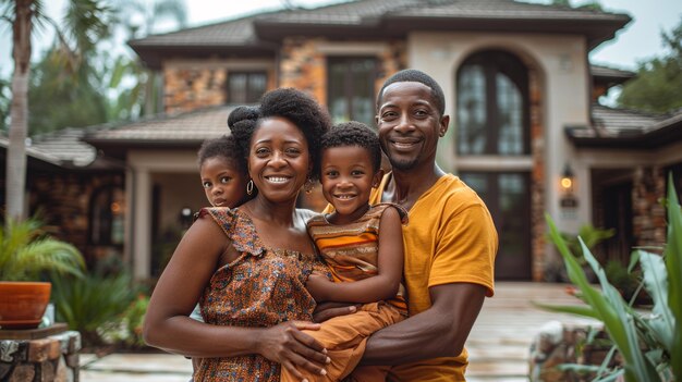 Photo family unity smiling together in front of their home