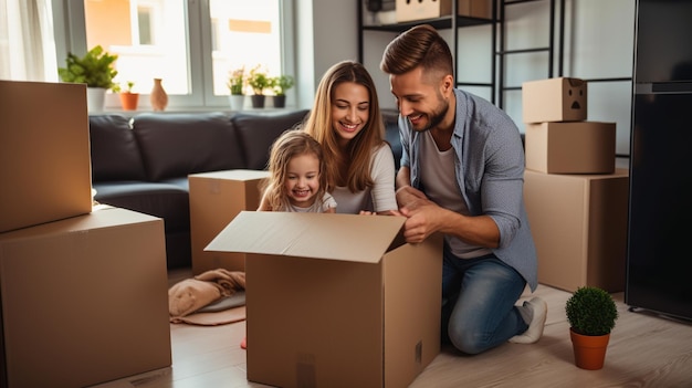 Family Unpacking in New Home with Excited Children