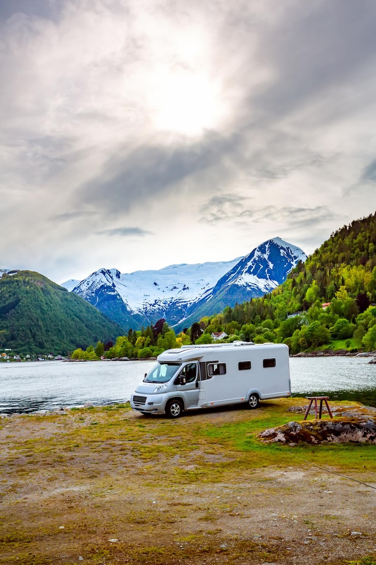 Photo family vacation travel rv, holiday trip in motorhome, caravan car vacation. beautiful nature norway natural landscape.