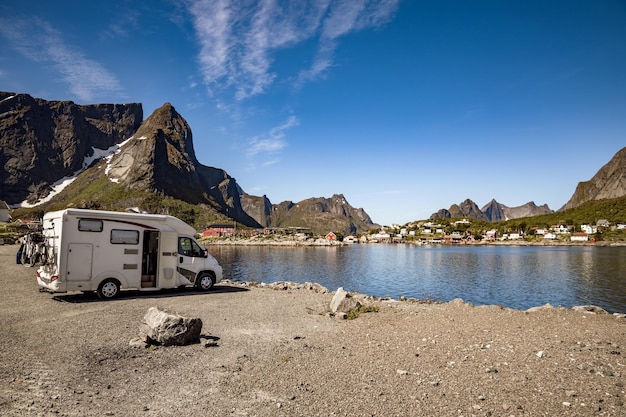 Family vacation travel RV, holiday trip in motorhome, Caravan car Vacation. Beautiful Nature Norway natural landscape.