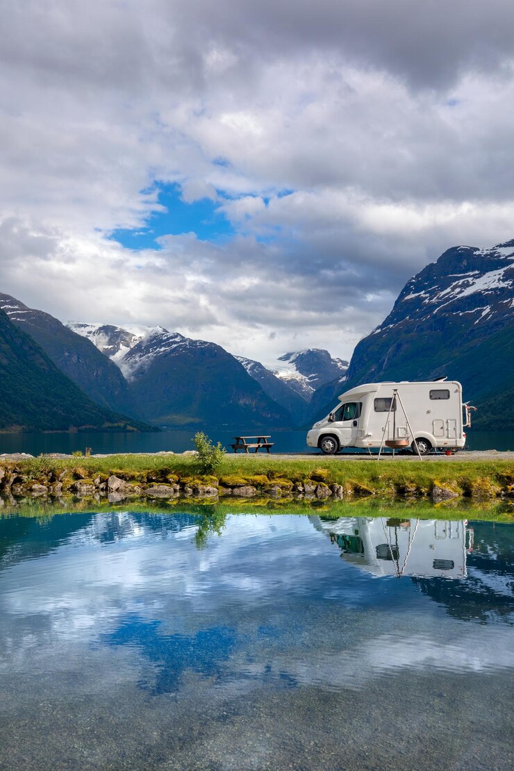 Photo family vacation travel rv, holiday trip in motorhome, caravan car vacation. beautiful nature norway natural landscape.