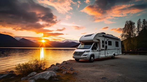 Family vacation travel RV holiday trip in motorhome Caravan car Vacation Beautiful Nature Norway natural landscape