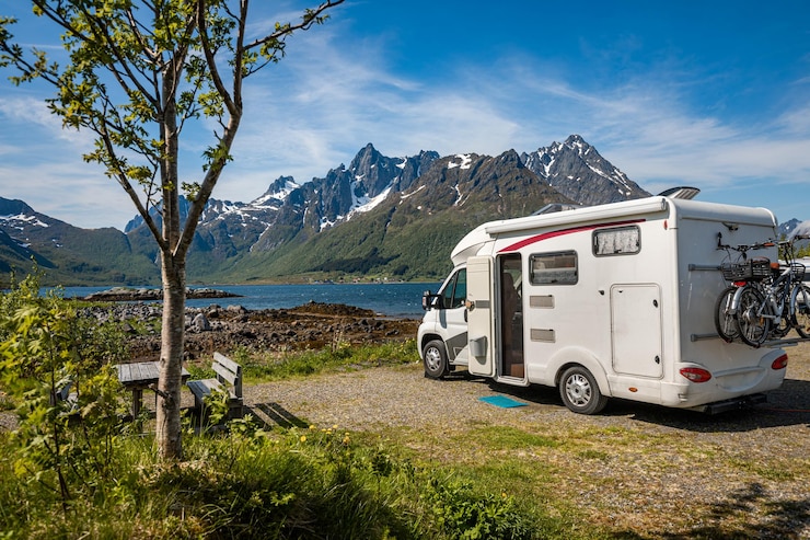 Photo family vacation travel rv, holiday trip in motorhome, caravan car vacation.