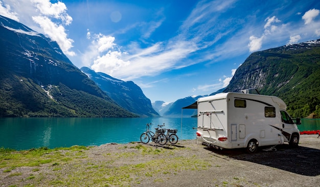 Family vacation travel RV, holiday trip in motorhome, Caravan car Vacation.